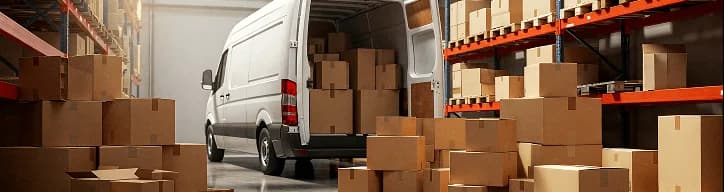 Warehouse interior with boxes and a delivery van